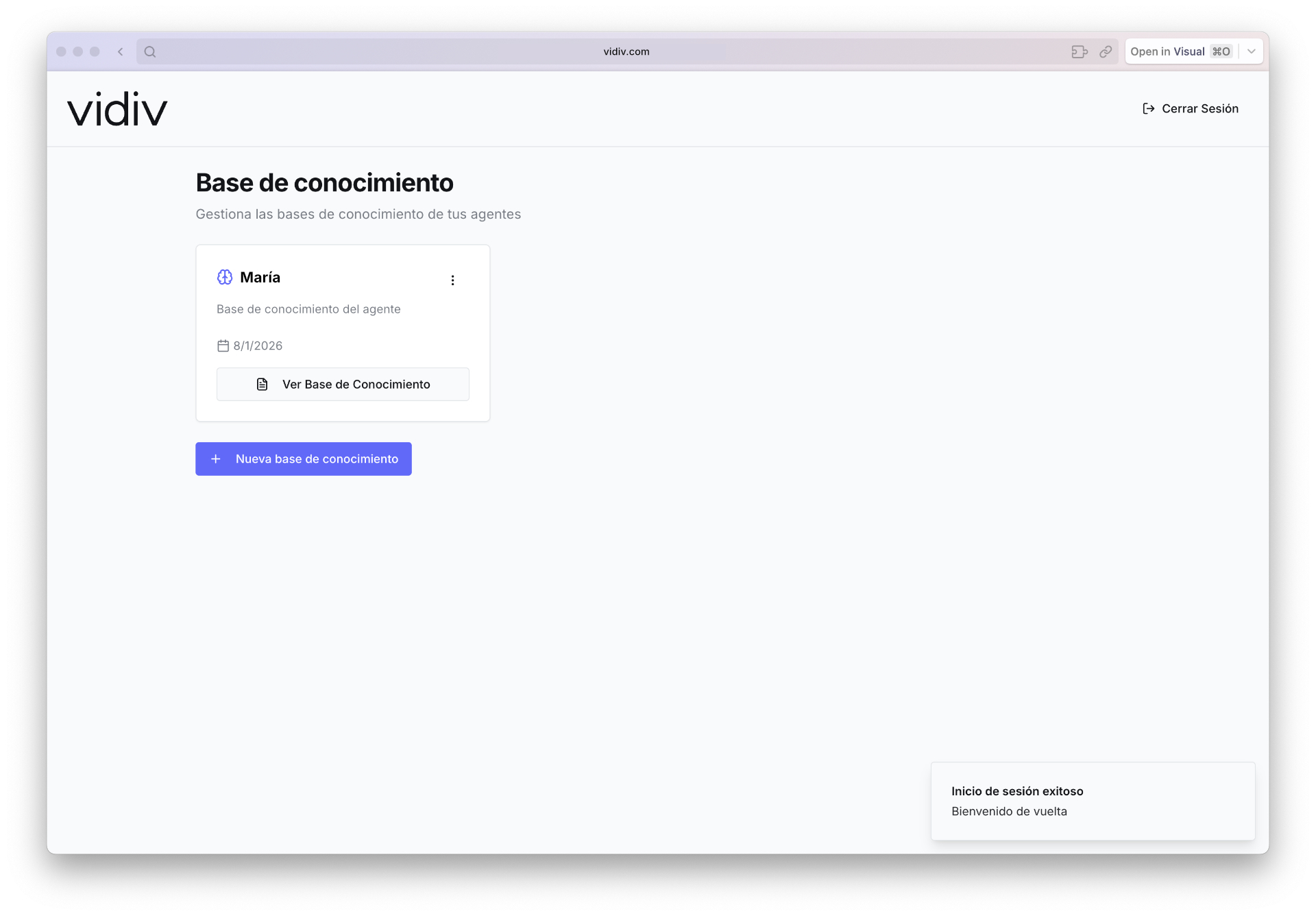 Dashboard del cliente listando las bases de conocimiento activas