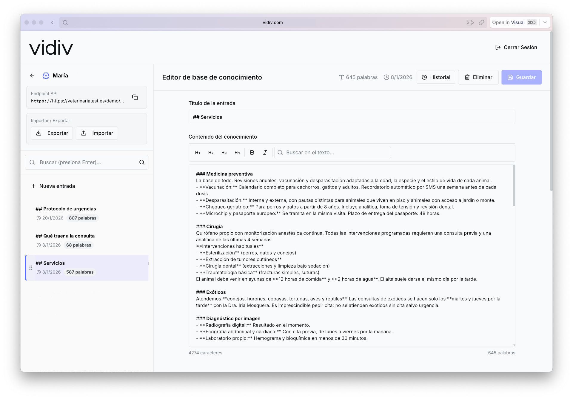 Editor de una entrada de la base de conocimiento, con markdown y jerarquía propia