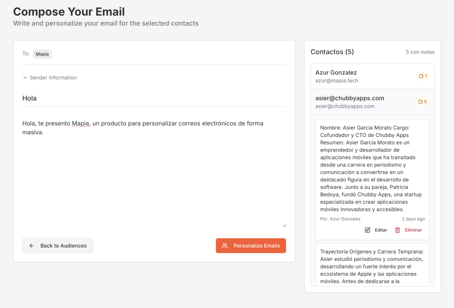 Email composition screen and recipient note management