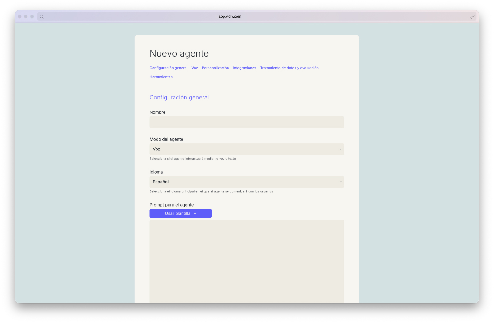 Private area to create and configure agents